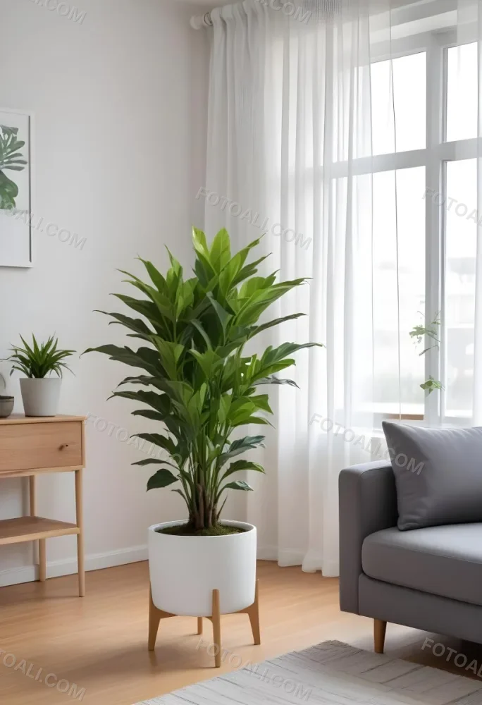 A Green Plant In A White Pot On A Wooden Table A White Curtain In The Foreground A Gray Sofa In The Background In A Living Room 8 E141