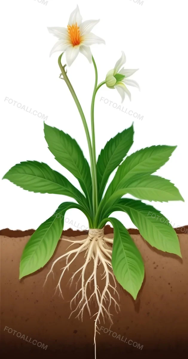 A Green Plant With Large Leaves And A White Flower Emerging From The Soil Showing The Plant S Leaves In Bright Sunlight 6 779e