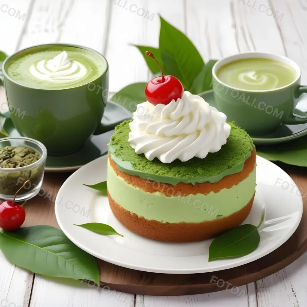 A Green Tea Cake With Whipped Cream Topping Garnished With Fresh Raspberries And Green Leaves Served With A Cup Of Green Tea On A Wooden Table In Daylight With Sunny Weather In The Background 39 Fa3b