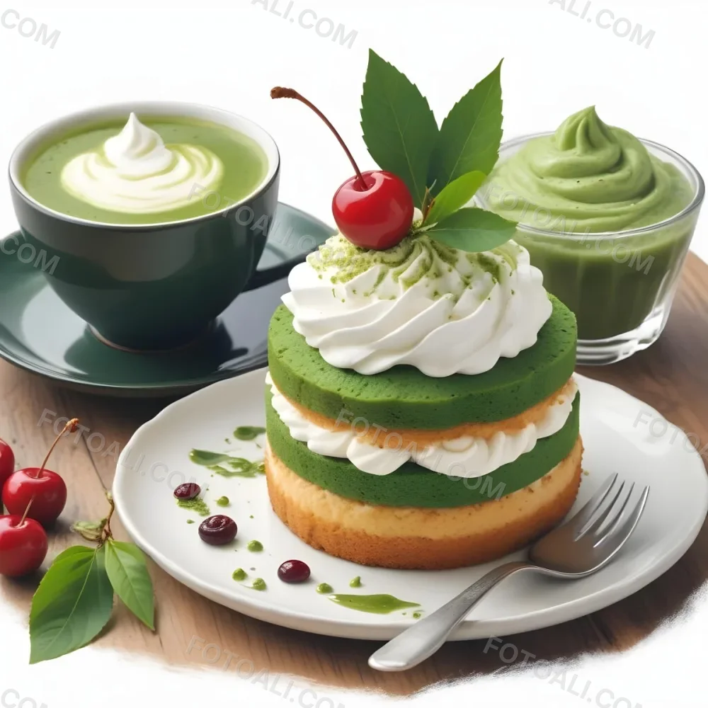 A Green Tea Cake With Whipped Cream Topping Garnished With Fresh Raspberries And Green Leaves Served With A Cup Of Green Tea On A Wooden Table In Daylight With Sunny Weather In The Background 42 5b91