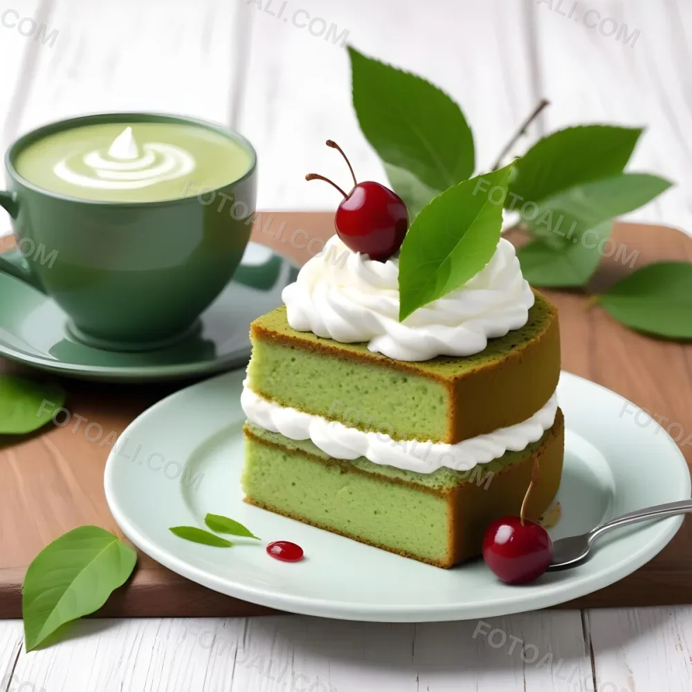 A Green Tea Cake With Whipped Cream Topping Garnished With Fresh Raspberries And Green Leaves Served With A Cup Of Green Tea On A Wooden Table In Daylight With Sunny Weather In The Background 44 2a4c