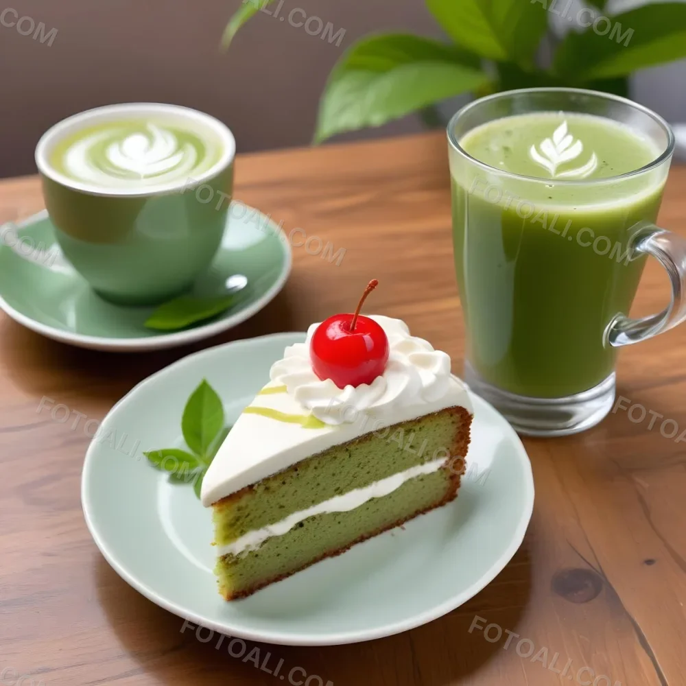 A Green Tea Cake With Whipped Cream Topping Garnished With Fresh Raspberries And Green Leaves Served With A Cup Of Green Tea On A Wooden Table In Daylight With Sunny Weather In The Background 48 Cbae