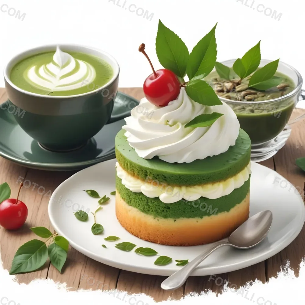 A Green Tea Cake With Whipped Cream Topping Garnished With Fresh Raspberries And Green Leaves Served With A Cup Of Green Tea On A Wooden Table In Daylight With Sunny Weather In The Background 51 993d