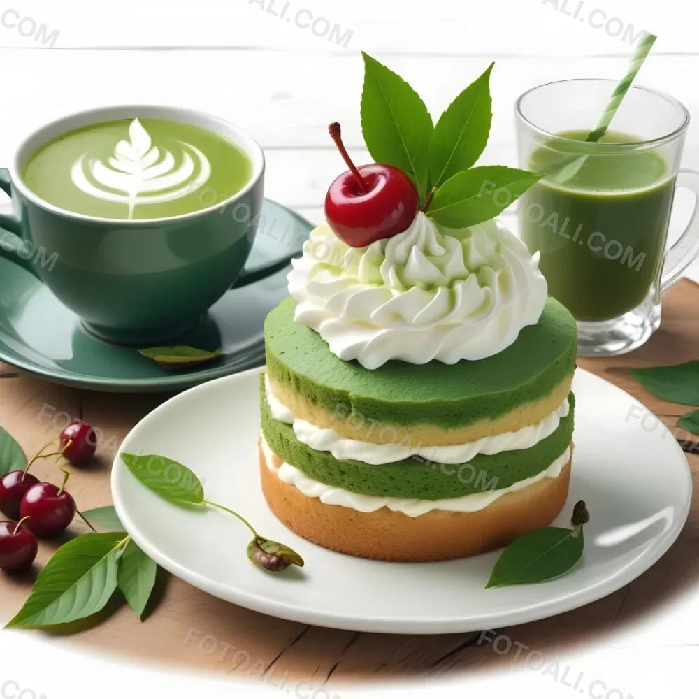 A Green Tea Cake With Whipped Cream Topping Garnished With Fresh Raspberries And Green Leaves Served With A Cup Of Green Tea On A Wooden Table In Daylight With Sunny Weather In The Background 53 B616