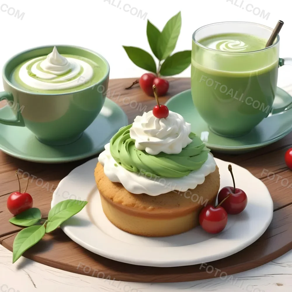A Green Tea Cake With Whipped Cream Topping Garnished With Fresh Raspberries And Green Leaves Served With A Cup Of Green Tea On A Wooden Table In Daylight With Sunny Weather In The Background 78 4ead