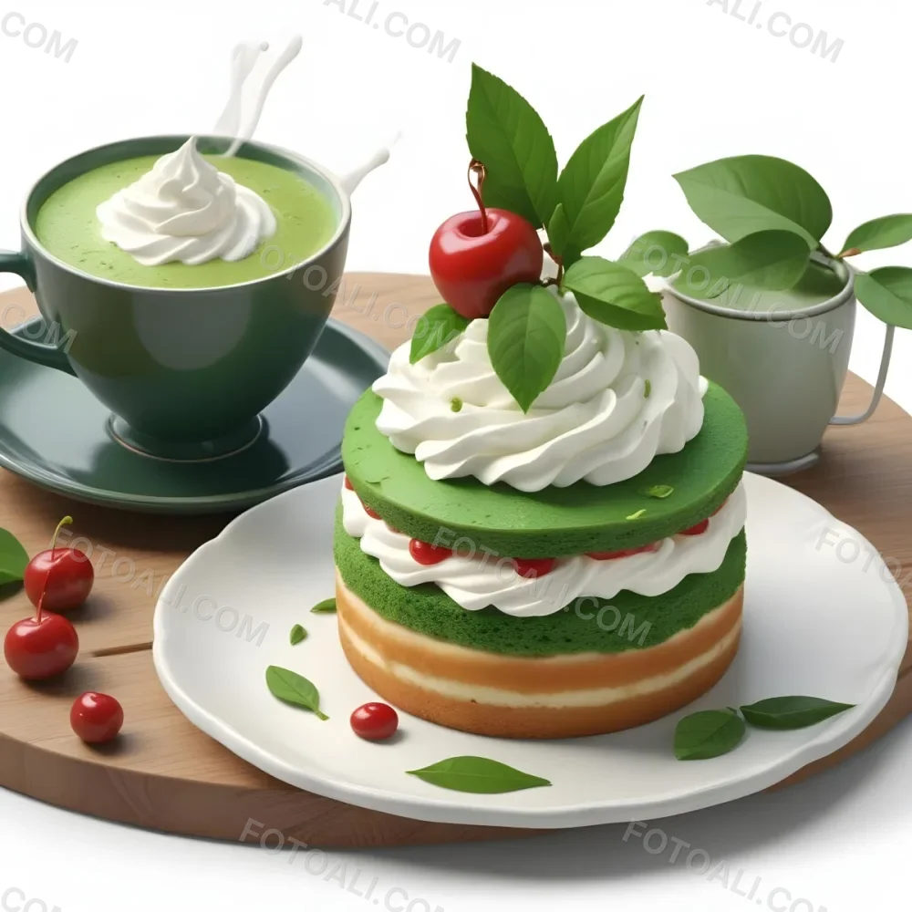 A Green Tea Cake With Whipped Cream Topping Garnished With Fresh Raspberries And Green Leaves Served With A Cup Of Green Tea On A Wooden Table In Daylight With Sunny Weather In The Background 85 5bec