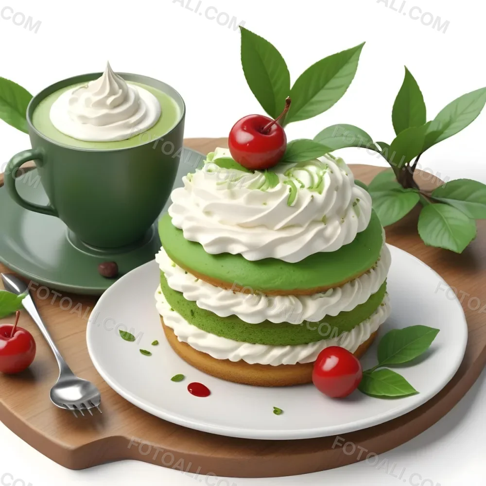 A Green Tea Cake With Whipped Cream Topping Garnished With Fresh Raspberries And Green Leaves Served With A Cup Of Green Tea On A Wooden Table In Daylight With Sunny Weather In The Background 86 606b
