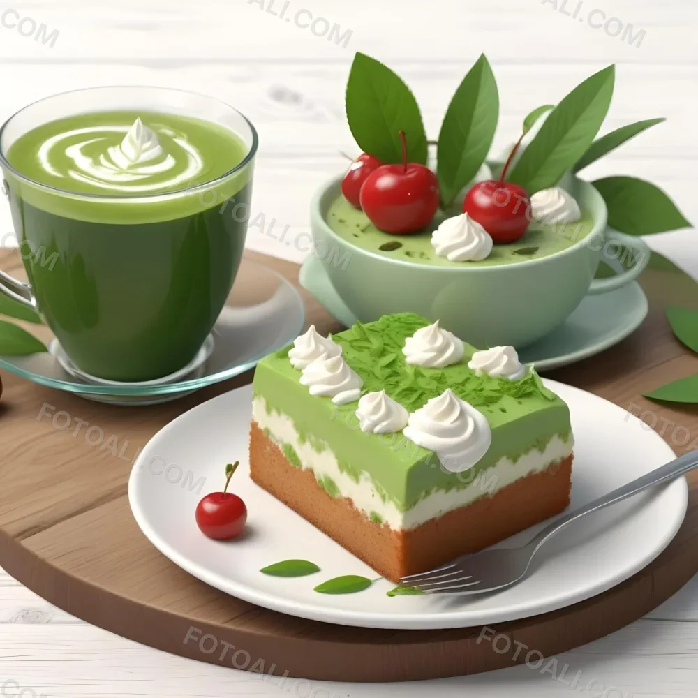 A Green Tea Cake With Whipped Cream Topping Garnished With Fresh Raspberries And Green Leaves Served With A Cup Of Green Tea On A Wooden Table In Daylight With Sunny Weather In The Background 87 Eaee