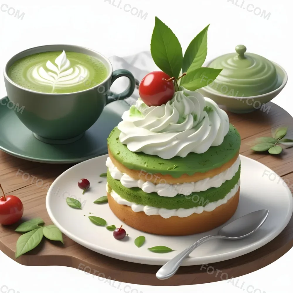 A Green Tea Cake With Whipped Cream Topping Garnished With Fresh Raspberries And Green Leaves Served With A Cup Of Green Tea On A Wooden Table In Daylight With Sunny Weather In The Background 88 B895