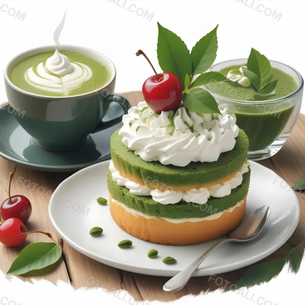 A Green Tea Cake With Whipped Cream Topping Garnished With Fresh Raspberries And Green Leaves Served With A Cup Of Green Tea On A Wooden Table In Daylight With Sunny Weather In The Background 9 03de