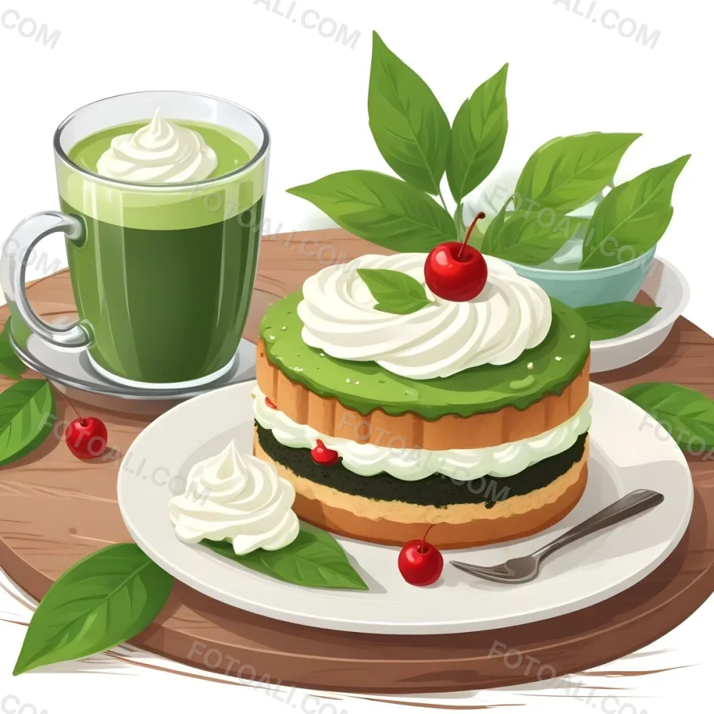 A Green Tea Cake With Whipped Cream Topping Garnished With Fresh Raspberries And Green Leaves Served With A Cup Of Green Tea On A Wooden Table In Daylight With Sunny Weather In The Background 90 263d