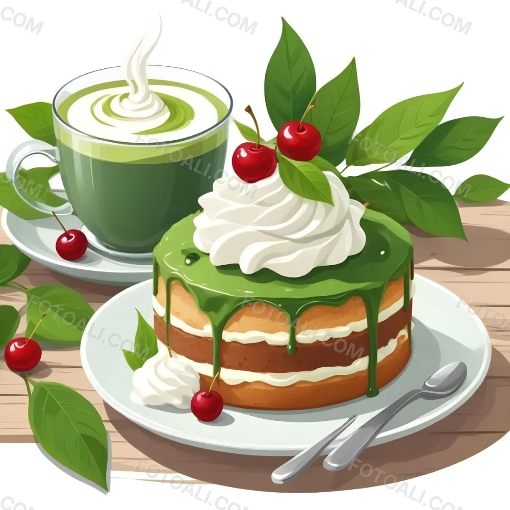 A Green Tea Cake With Whipped Cream Topping Garnished With Fresh Raspberries And Green Leaves Served With A Cup Of Green Tea On A Wooden Table In Daylight With Sunny Weather In The Background 91 8e28