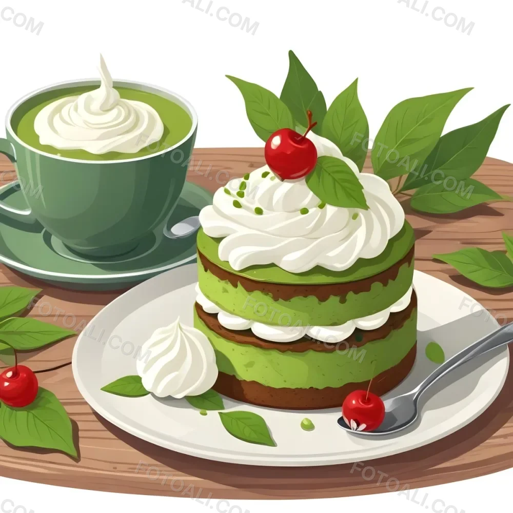 A Green Tea Cake With Whipped Cream Topping Garnished With Fresh Raspberries And Green Leaves Served With A Cup Of Green Tea On A Wooden Table In Daylight With Sunny Weather In The Background 92 5727