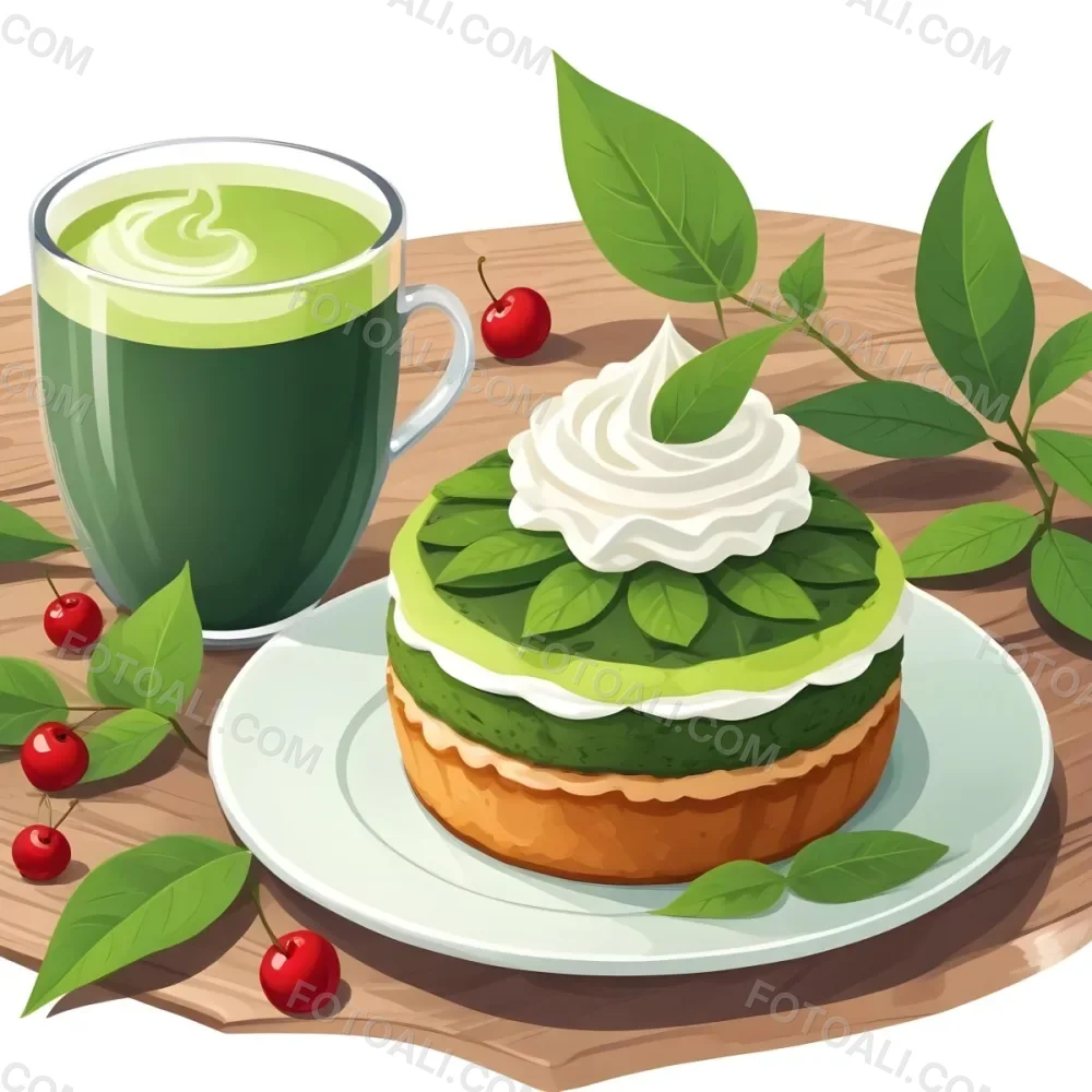 A Green Tea Cake With Whipped Cream Topping Garnished With Fresh Raspberries And Green Leaves Served With A Cup Of Green Tea On A Wooden Table In Daylight With Sunny Weather In The Background 94 5ead