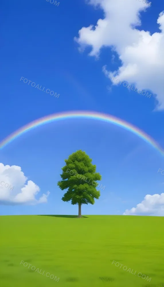 A Green Tree On A Green Field With A Rainbow In The Sky Blue Sky With Some Clouds In The Background 10 7005