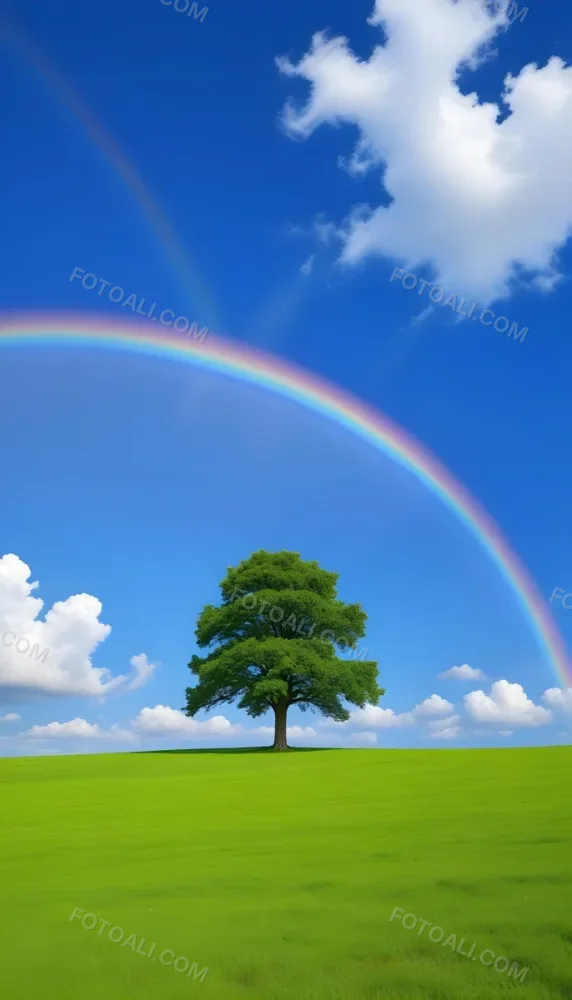 A Green Tree On A Green Field With A Rainbow In The Sky Blue Sky With Some Clouds In The Background 18 Cf61