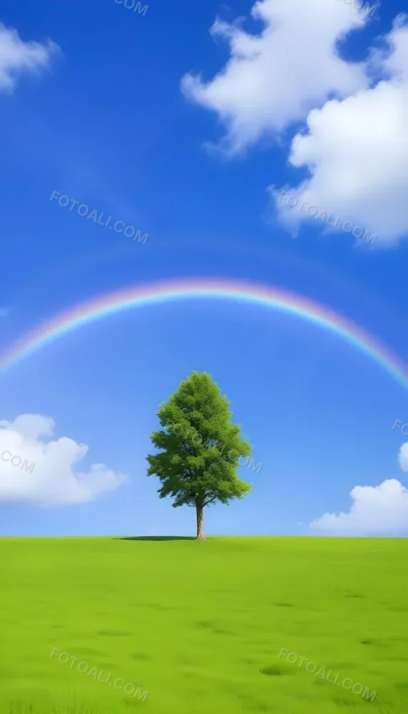 A Green Tree On A Green Field With A Rainbow In The Sky Blue Sky With Some Clouds In The Background 2 9c7b
