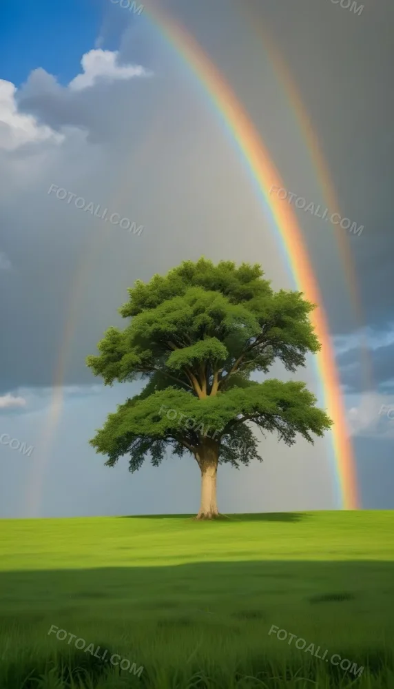 A Green Tree On A Green Field With A Rainbow In The Sky Blue Sky With Some Clouds In The Background 20 99ac