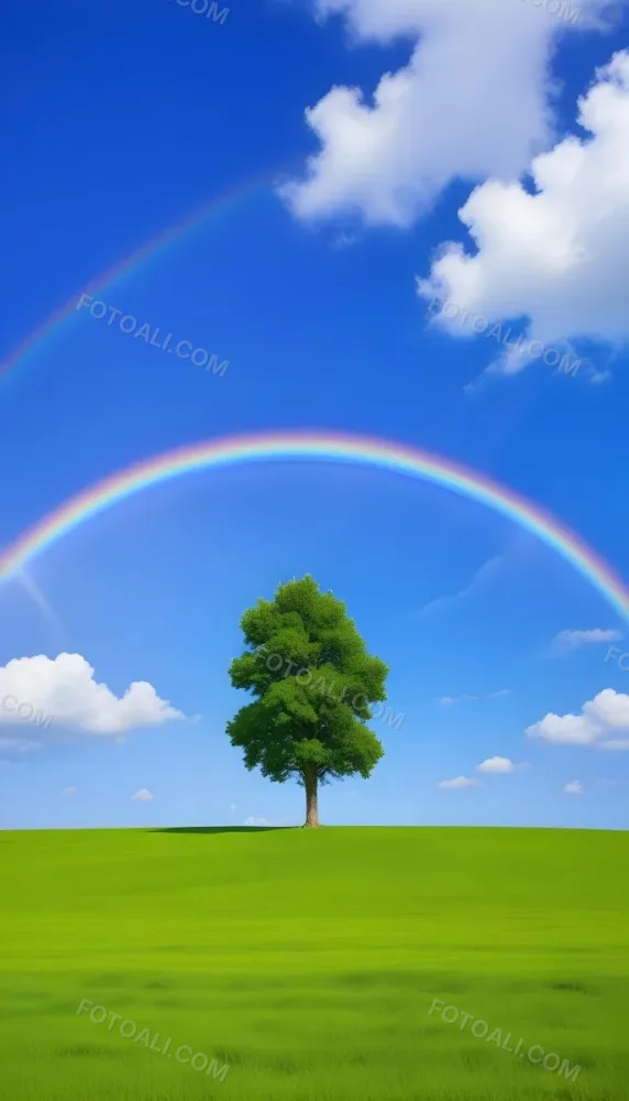 A Green Tree On A Green Field With A Rainbow In The Sky Blue Sky With Some Clouds In The Background 22 Dc1e