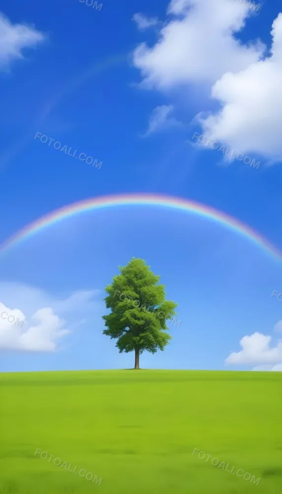 A Green Tree On A Green Field With A Rainbow In The Sky Blue Sky With Some Clouds In The Background 4 19b4