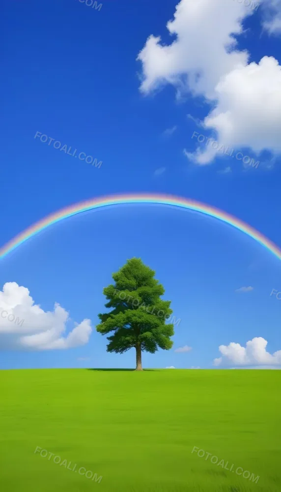 A Green Tree On A Green Field With A Rainbow In The Sky Blue Sky With Some Clouds In The Background 6 9693