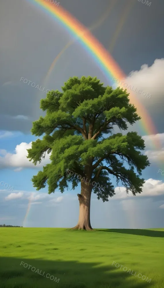 A Green Tree On A Green Field With A Rainbow In The Sky Blue Sky With Some Clouds In The Background 7 9b21