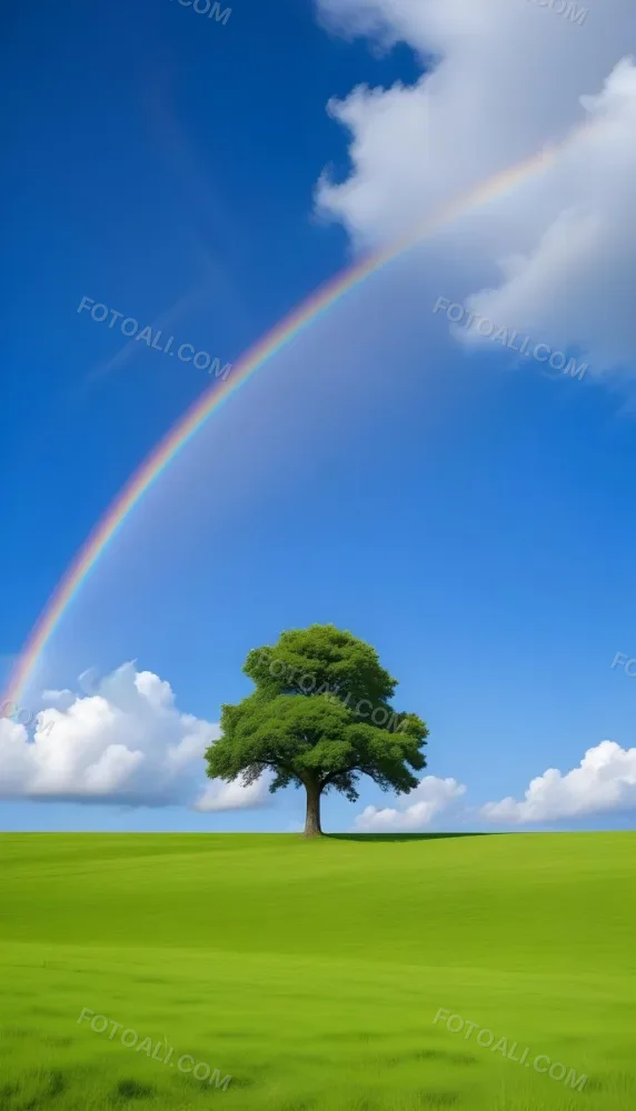 A Green Tree On A Green Field With A Rainbow In The Sky Blue Sky With Some Clouds In The Background 8 5a69
