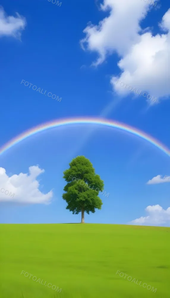 A Green Tree On A Green Field With A Rainbow In The Sky Blue Sky With Some Clouds In The Background 9 C142