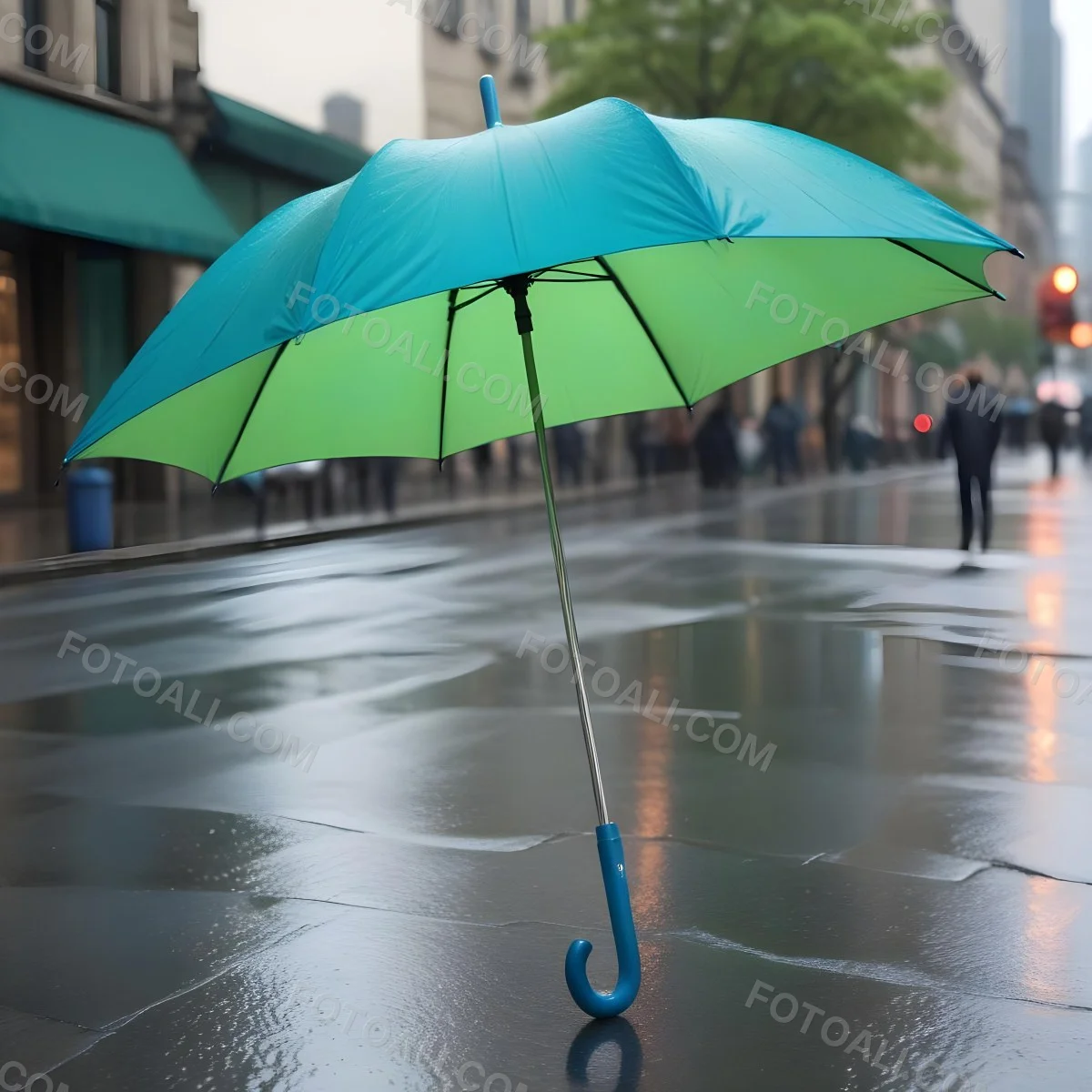 A Green Umbrella With A Curved Handle Featuring A Blue Handle Open Set Against A Rainy Street Background 11 F392