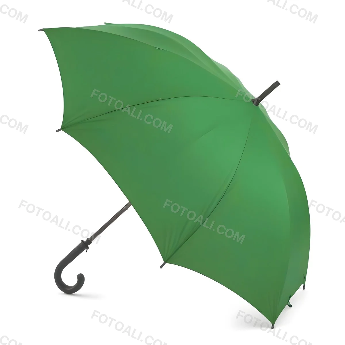 A Green Umbrella With A Curved Handle Featuring A Blue Handle Open Set Against A Rainy Street Background 4 F828