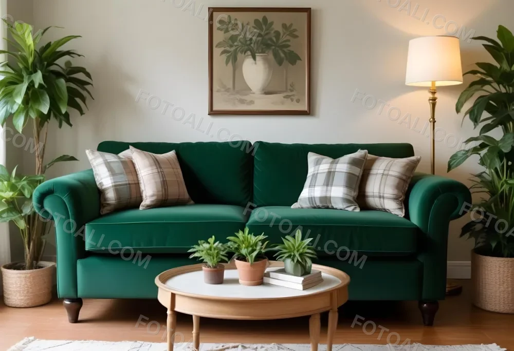 A Green Velvet Sofa With Plaid Throw Pillows In A Cozy Living Room With Potted Plants 1 369f