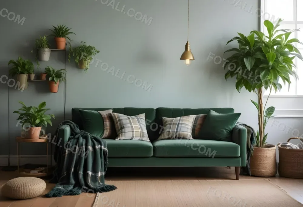 A Green Velvet Sofa With Plaid Throw Pillows In A Cozy Living Room With Potted Plants 4 A19f