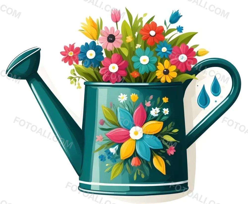 A Green Watering Can With A Floral Pattern Filled With Colorful Flowers And Leaves 10 Adb6