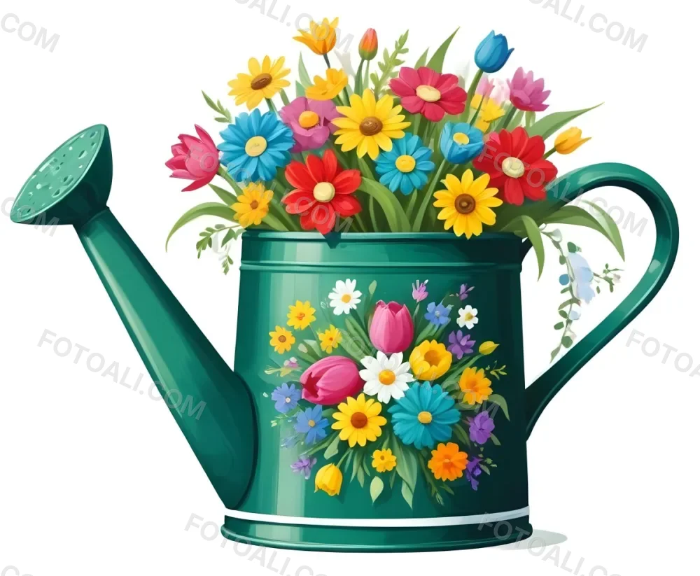 A Green Watering Can With A Floral Pattern Filled With Colorful Flowers And Leaves 14 8e50