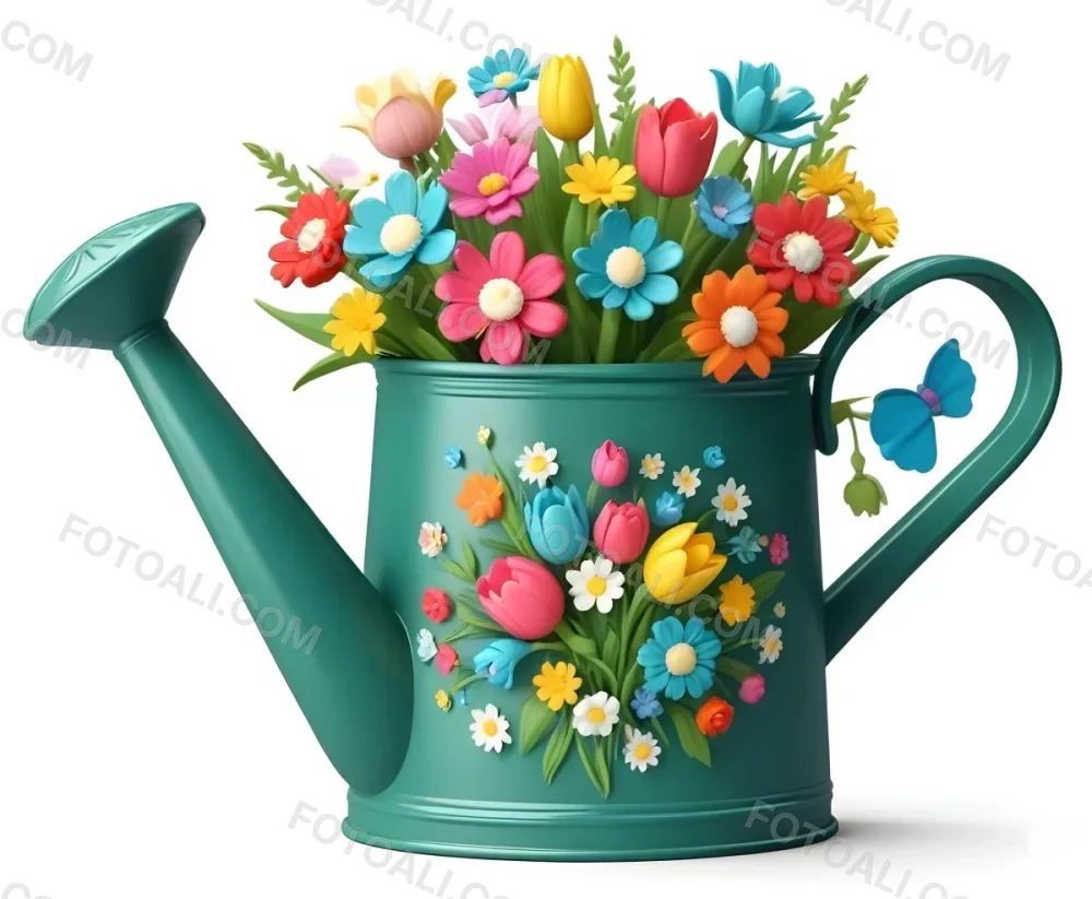 A Green Watering Can With A Floral Pattern Filled With Colorful Flowers And Leaves 33 4033