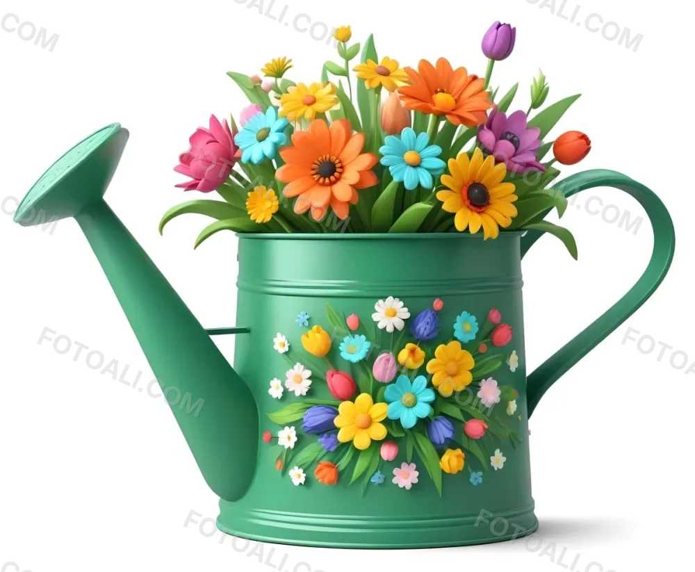 A Green Watering Can With A Floral Pattern Filled With Colorful Flowers And Leaves 35 E129