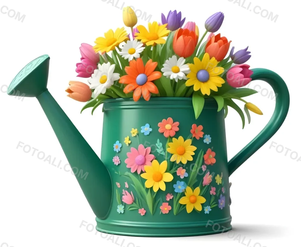 A Green Watering Can With A Floral Pattern Filled With Colorful Flowers And Leaves 39 B21e