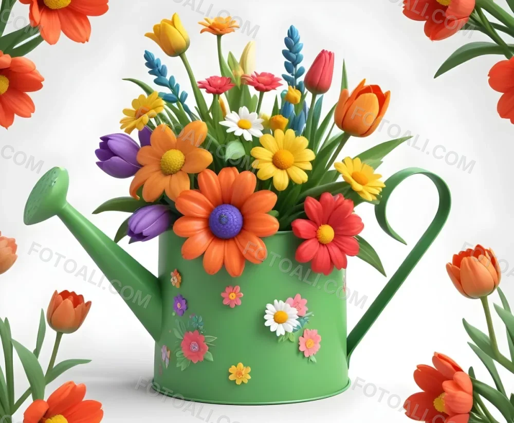 A Green Watering Can With A Floral Pattern Filled With Colorful Flowers And Leaves 42 D431