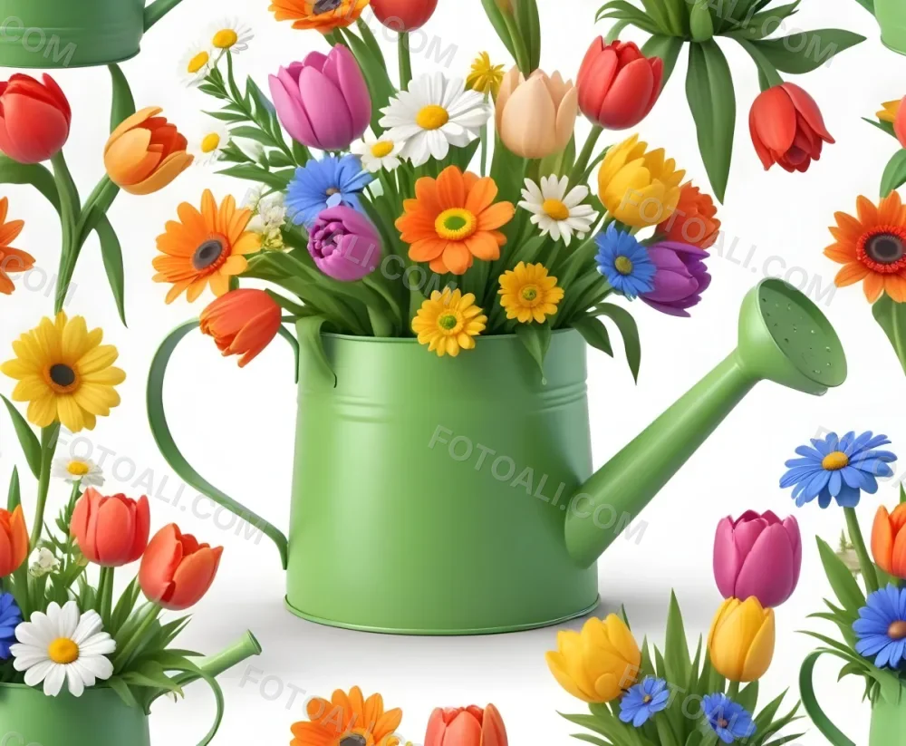 A Green Watering Can With A Floral Pattern Filled With Colorful Flowers And Leaves 44 Ed9e