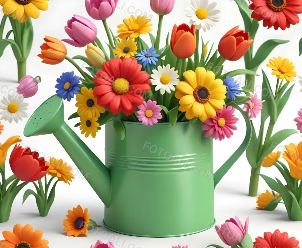 A Green Watering Can With A Floral Pattern Filled With Colorful Flowers And Leaves 48 66dc