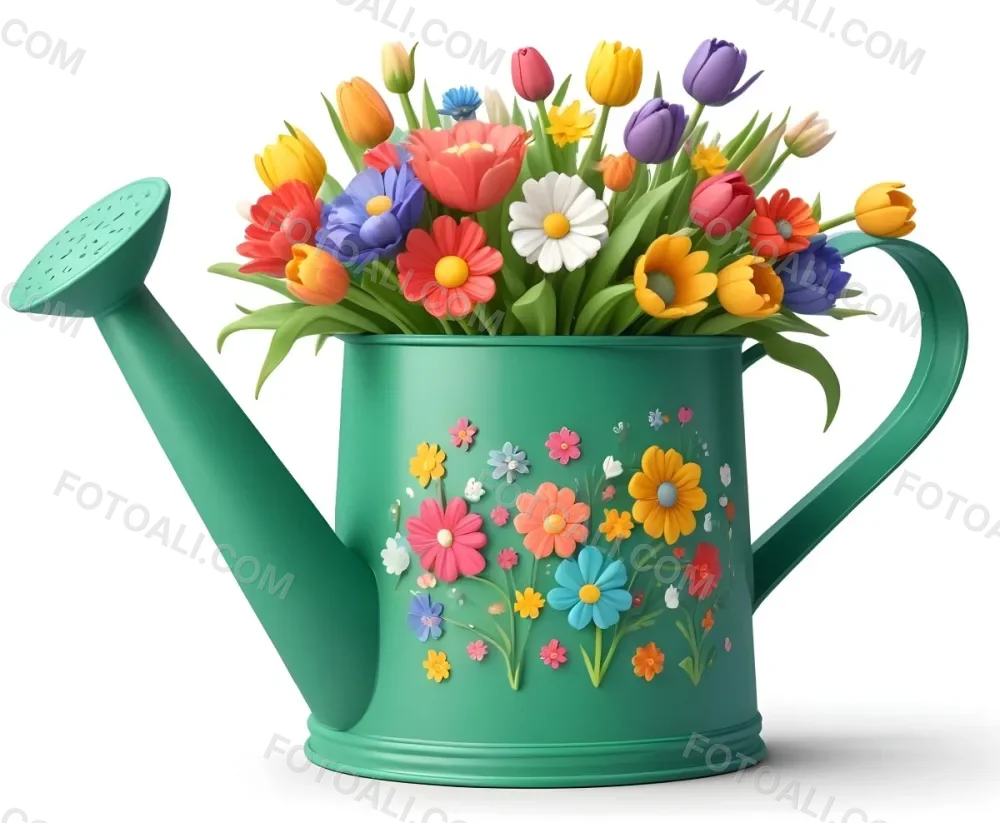 A Green Watering Can With A Floral Pattern Filled With Colorful Flowers And Leaves 51 6d15