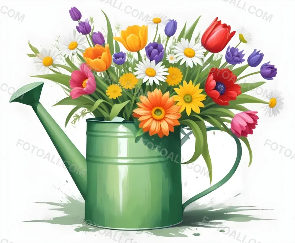 A Green Watering Can With A Floral Pattern Filled With Colorful Flowers And Leaves 6 6ea1