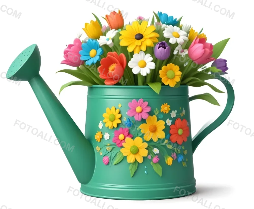 A Green Watering Can With A Floral Pattern Filled With Colorful Flowers And Leaves 63 4a4f