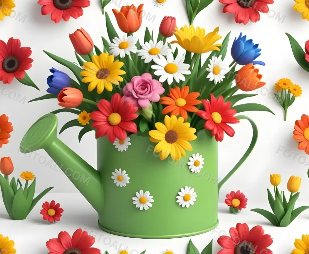 A Green Watering Can With A Floral Pattern Filled With Colorful Flowers And Leaves 64 5148