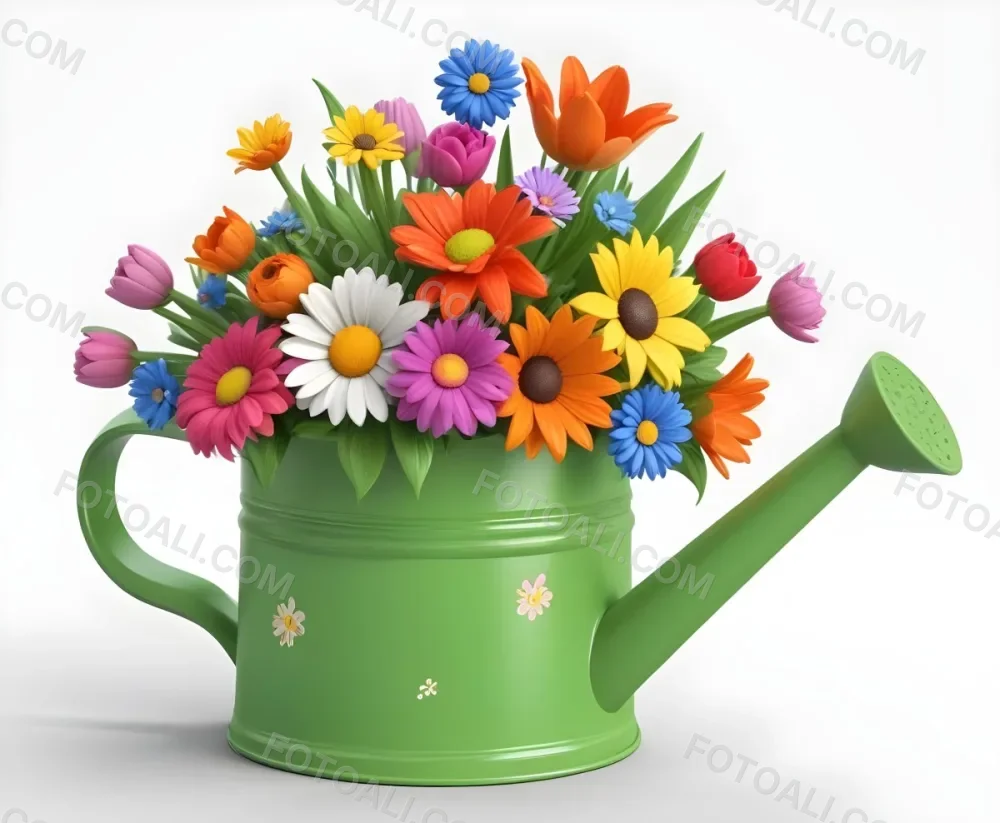 A Green Watering Can With A Floral Pattern Filled With Colorful Flowers And Leaves 65 9bd6