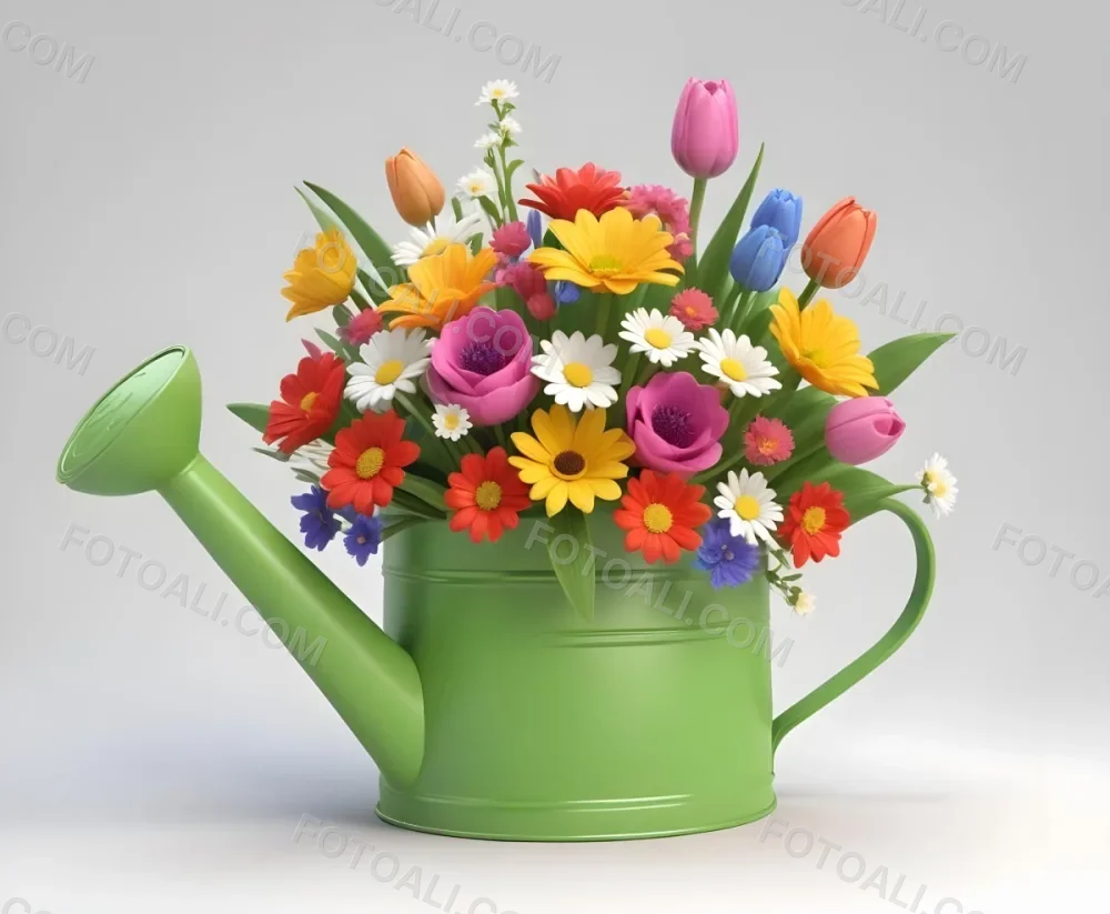 A Green Watering Can With A Floral Pattern Filled With Colorful Flowers And Leaves 66 4372