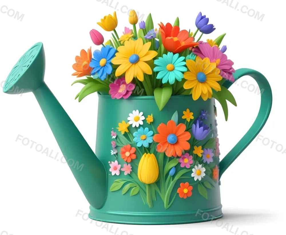 A Green Watering Can With A Floral Pattern Filled With Colorful Flowers And Leaves 67 C11b