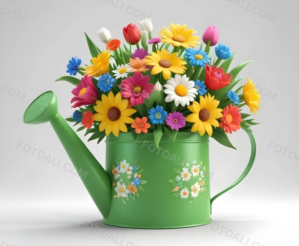A Green Watering Can With A Floral Pattern Filled With Colorful Flowers And Leaves 69 2bfb