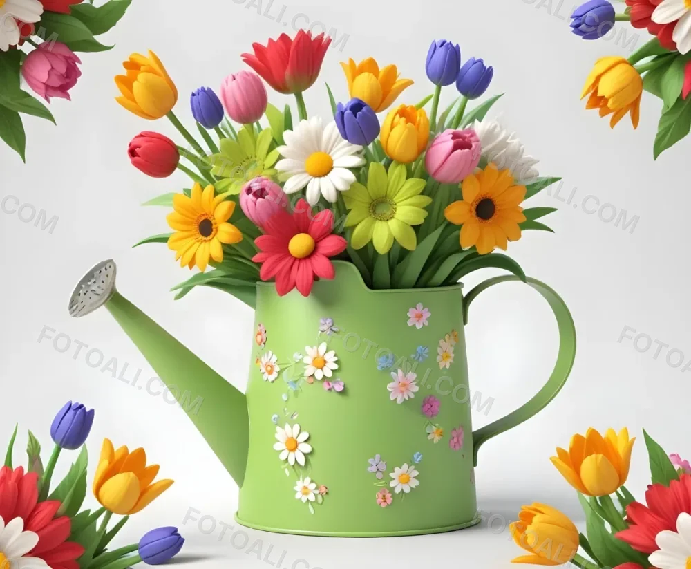 A Green Watering Can With A Floral Pattern Filled With Colorful Flowers And Leaves 70 0c18