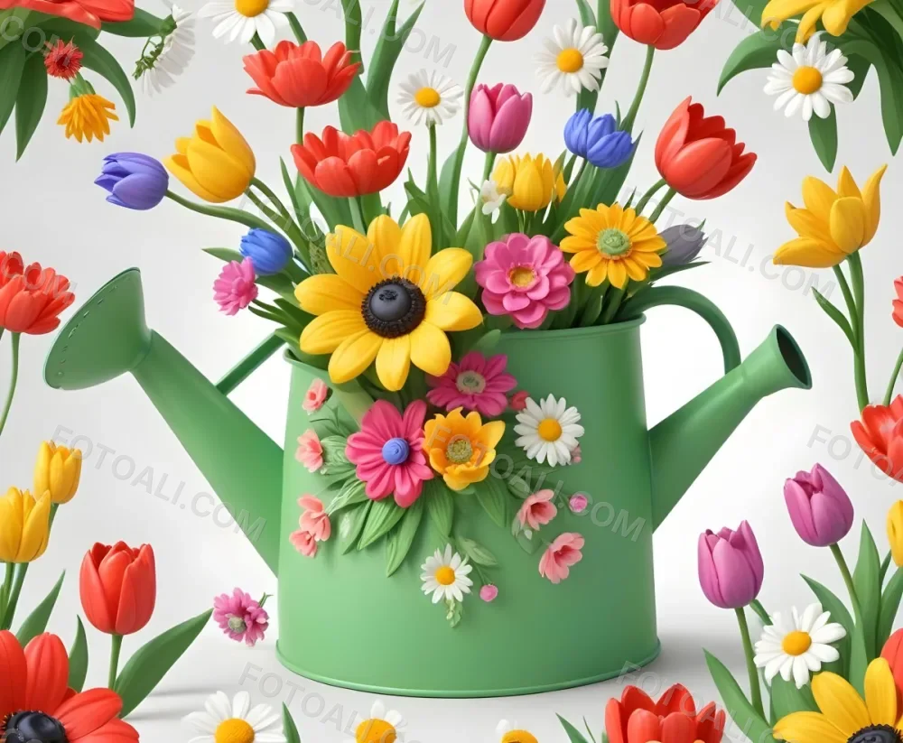 A Green Watering Can With A Floral Pattern Filled With Colorful Flowers And Leaves 71 A638